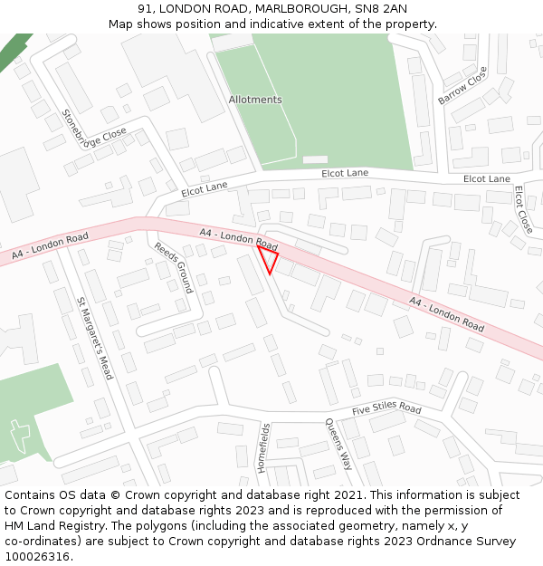 91, LONDON ROAD, MARLBOROUGH, SN8 2AN: Location map and indicative extent of plot