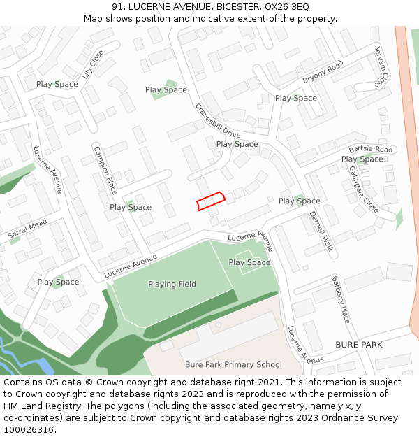 91, LUCERNE AVENUE, BICESTER, OX26 3EQ: Location map and indicative extent of plot