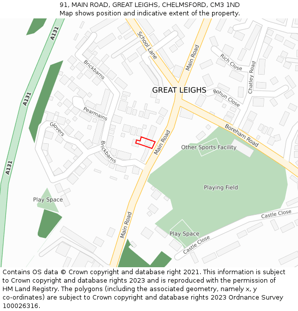 91, MAIN ROAD, GREAT LEIGHS, CHELMSFORD, CM3 1ND: Location map and indicative extent of plot