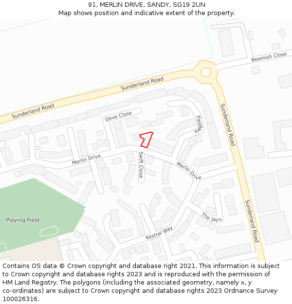 91, MERLIN DRIVE, SANDY, SG19 2UN: Location map and indicative extent of plot