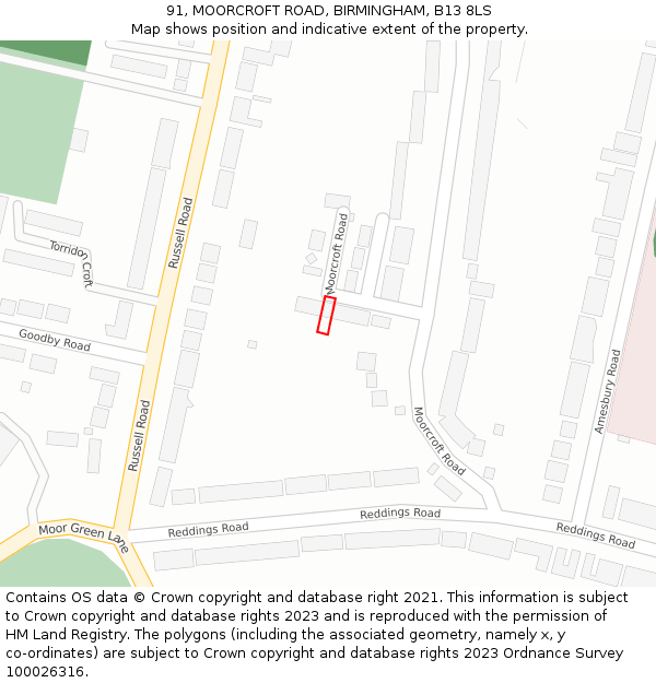 91, MOORCROFT ROAD, BIRMINGHAM, B13 8LS: Location map and indicative extent of plot