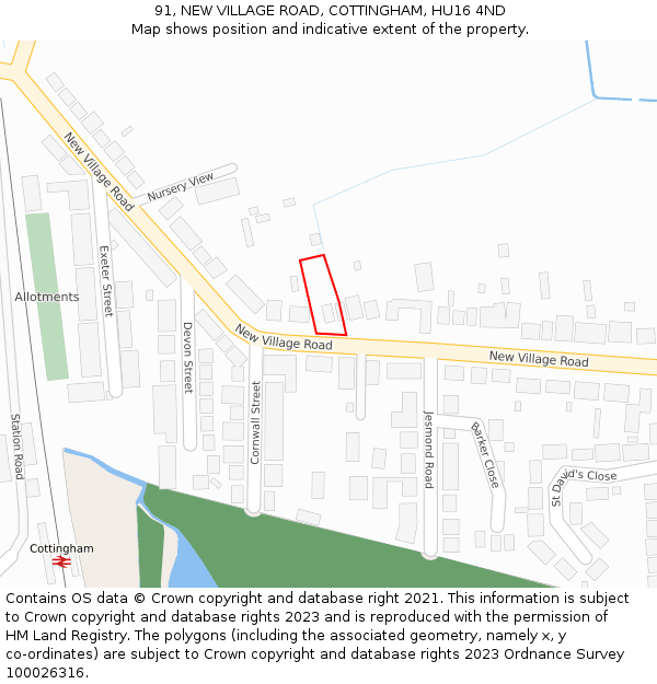 91, NEW VILLAGE ROAD, COTTINGHAM, HU16 4ND: Location map and indicative extent of plot