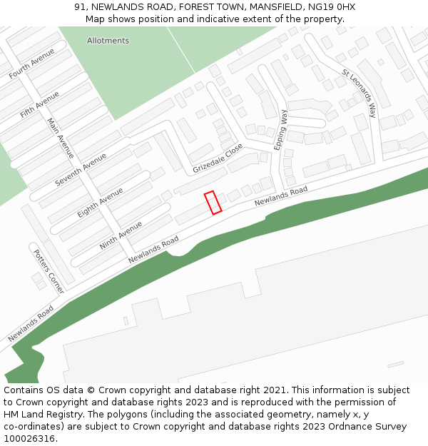 91, NEWLANDS ROAD, FOREST TOWN, MANSFIELD, NG19 0HX: Location map and indicative extent of plot