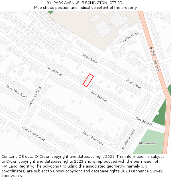91, PARK AVENUE, BIRCHINGTON, CT7 0DL: Location map and indicative extent of plot