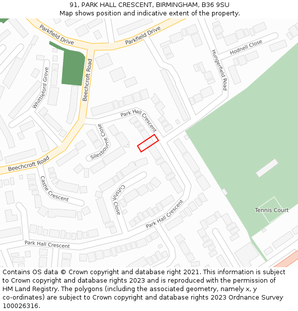 91, PARK HALL CRESCENT, BIRMINGHAM, B36 9SU: Location map and indicative extent of plot