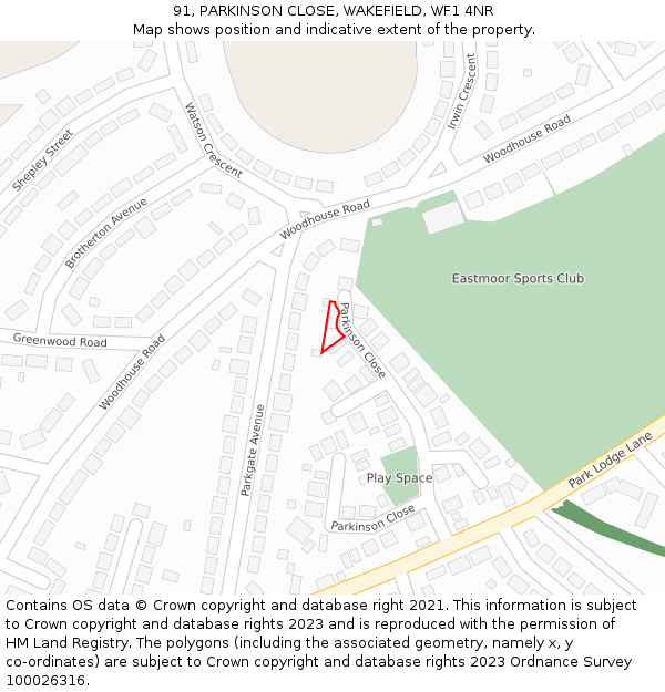 91, PARKINSON CLOSE, WAKEFIELD, WF1 4NR: Location map and indicative extent of plot