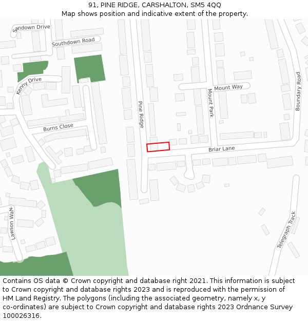 91, PINE RIDGE, CARSHALTON, SM5 4QQ: Location map and indicative extent of plot