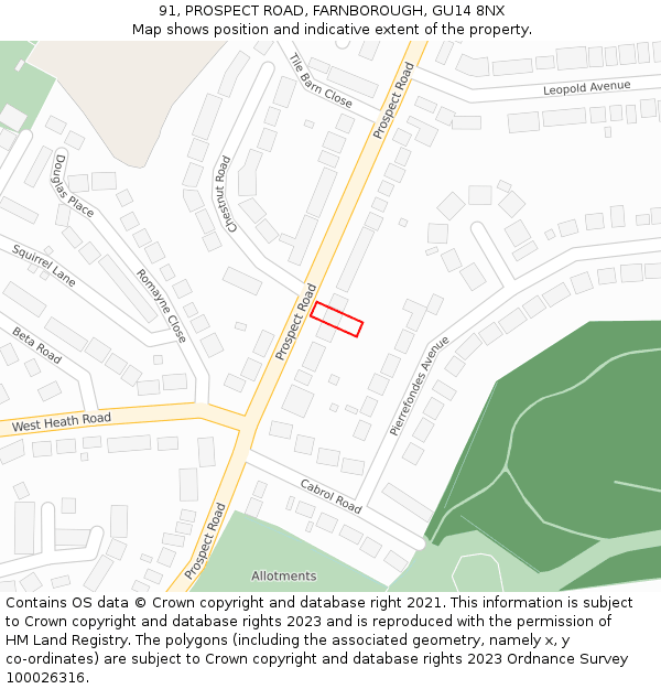 91, PROSPECT ROAD, FARNBOROUGH, GU14 8NX: Location map and indicative extent of plot