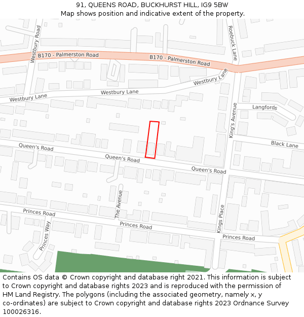 91, QUEENS ROAD, BUCKHURST HILL, IG9 5BW: Location map and indicative extent of plot