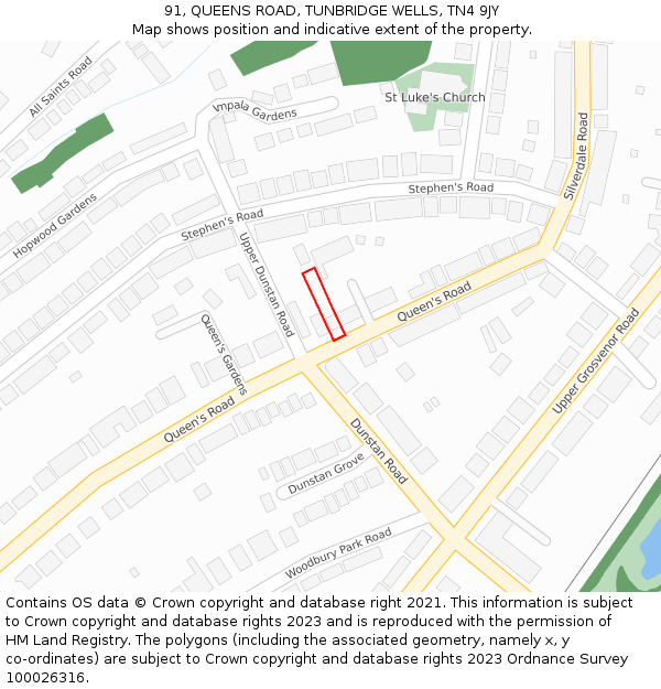 91, QUEENS ROAD, TUNBRIDGE WELLS, TN4 9JY: Location map and indicative extent of plot