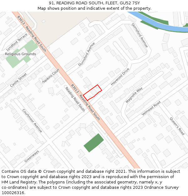 91, READING ROAD SOUTH, FLEET, GU52 7SY: Location map and indicative extent of plot