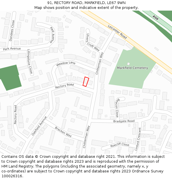 91, RECTORY ROAD, MARKFIELD, LE67 9WN: Location map and indicative extent of plot