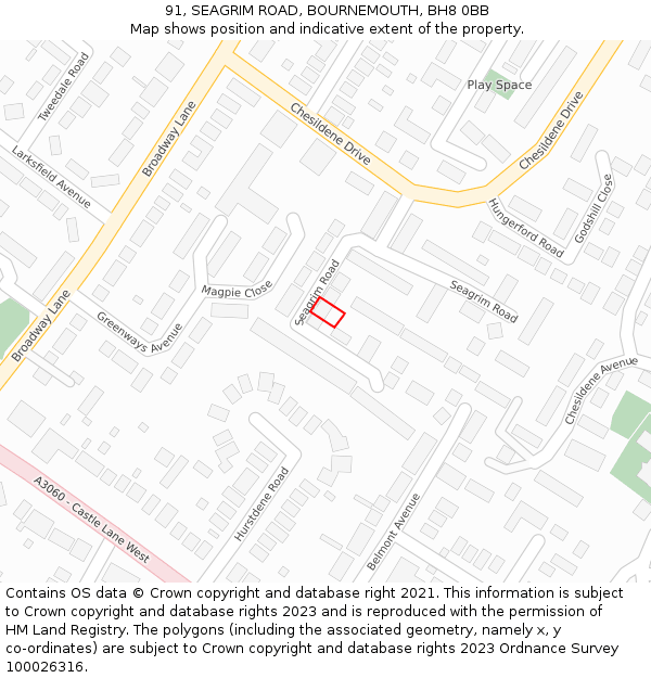 91, SEAGRIM ROAD, BOURNEMOUTH, BH8 0BB: Location map and indicative extent of plot