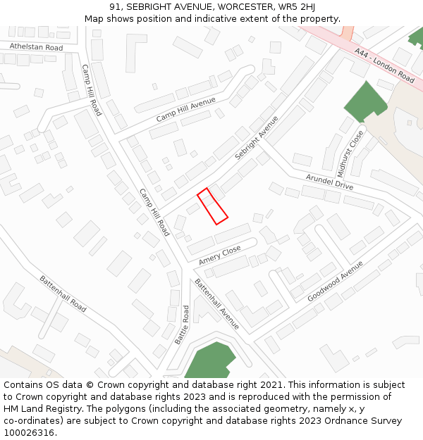 91, SEBRIGHT AVENUE, WORCESTER, WR5 2HJ: Location map and indicative extent of plot