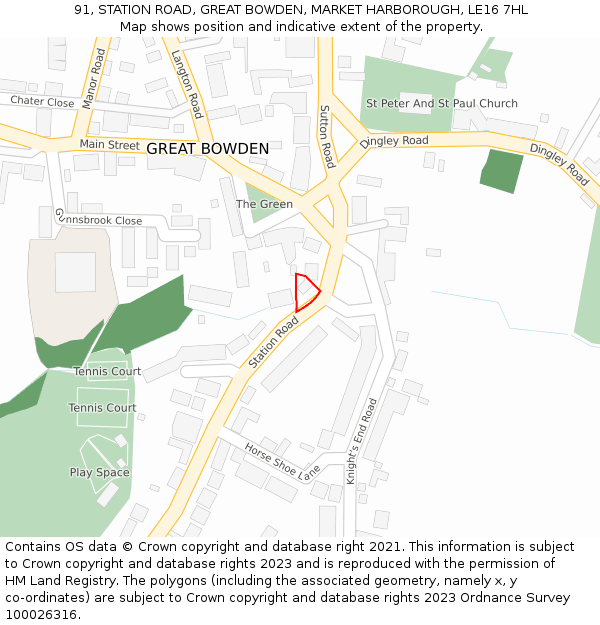 91, STATION ROAD, GREAT BOWDEN, MARKET HARBOROUGH, LE16 7HL: Location map and indicative extent of plot