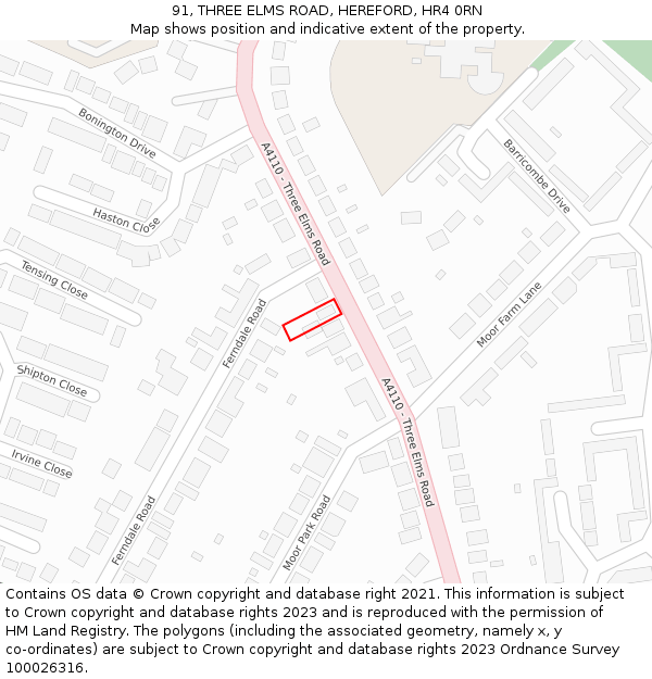 91, THREE ELMS ROAD, HEREFORD, HR4 0RN: Location map and indicative extent of plot