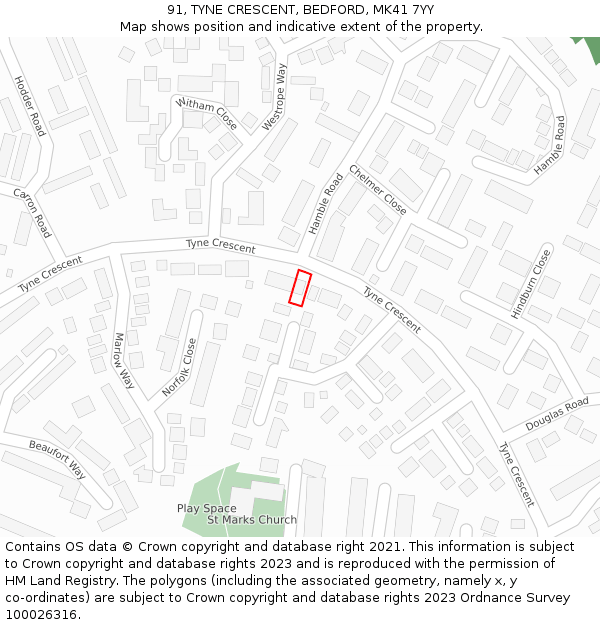 91, TYNE CRESCENT, BEDFORD, MK41 7YY: Location map and indicative extent of plot
