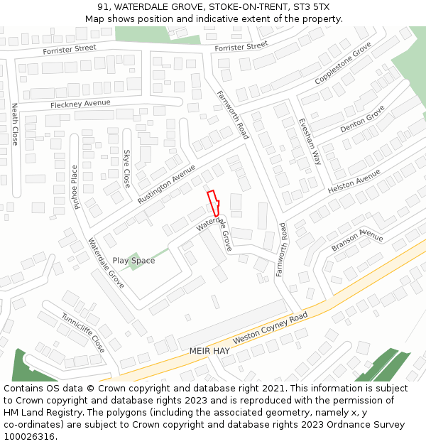 91, WATERDALE GROVE, STOKE-ON-TRENT, ST3 5TX: Location map and indicative extent of plot