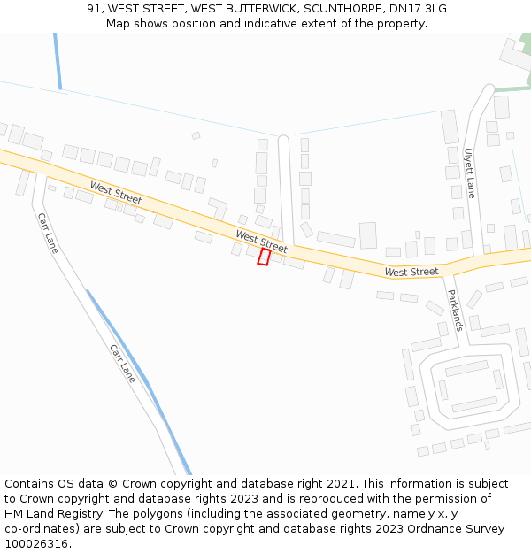 91, WEST STREET, WEST BUTTERWICK, SCUNTHORPE, DN17 3LG: Location map and indicative extent of plot
