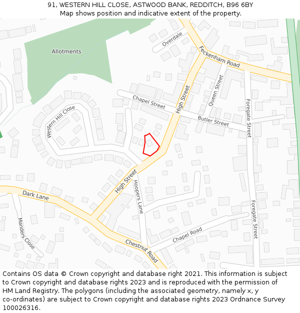 91, WESTERN HILL CLOSE, ASTWOOD BANK, REDDITCH, B96 6BY: Location map and indicative extent of plot