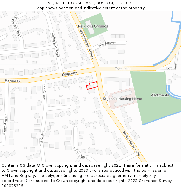 91, WHITE HOUSE LANE, BOSTON, PE21 0BE: Location map and indicative extent of plot