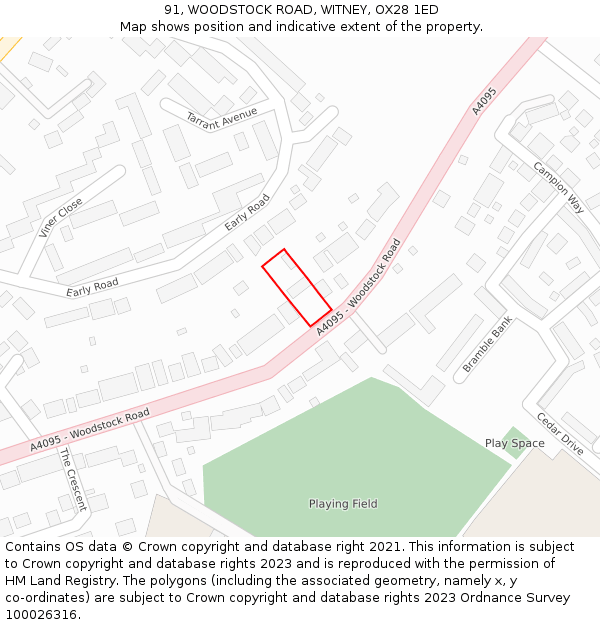 91, WOODSTOCK ROAD, WITNEY, OX28 1ED: Location map and indicative extent of plot