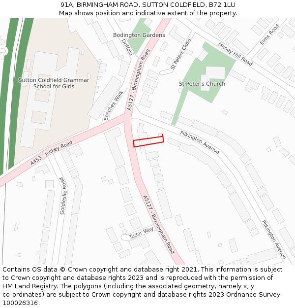 91A, BIRMINGHAM ROAD, SUTTON COLDFIELD, B72 1LU: Location map and indicative extent of plot