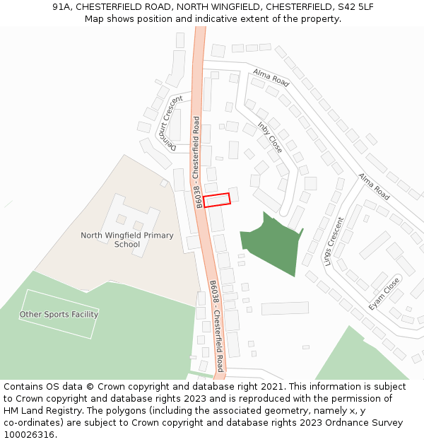 91A, CHESTERFIELD ROAD, NORTH WINGFIELD, CHESTERFIELD, S42 5LF: Location map and indicative extent of plot