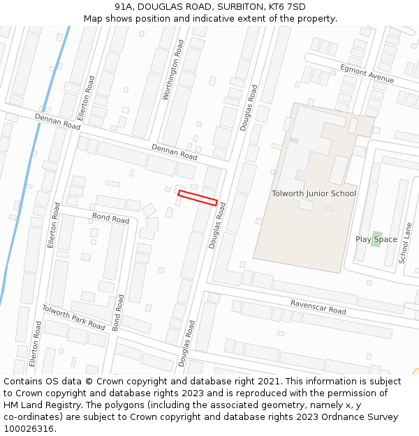 91A, DOUGLAS ROAD, SURBITON, KT6 7SD: Location map and indicative extent of plot
