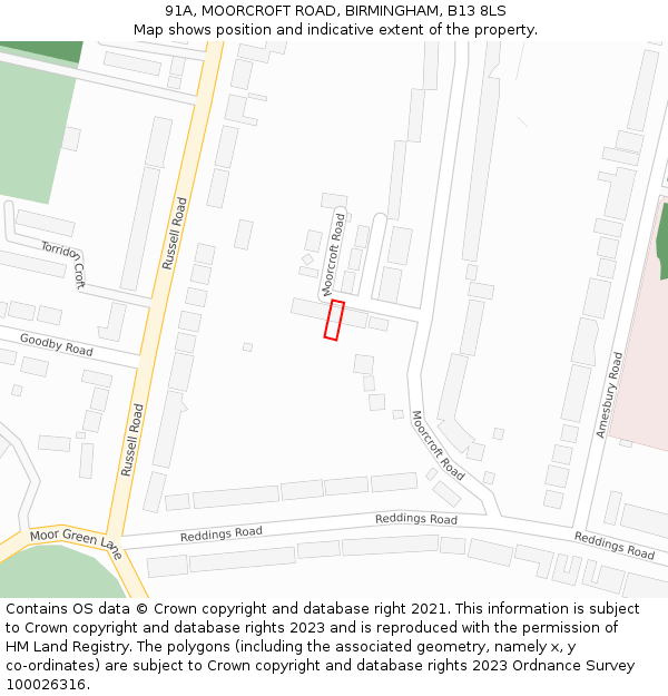 91A, MOORCROFT ROAD, BIRMINGHAM, B13 8LS: Location map and indicative extent of plot