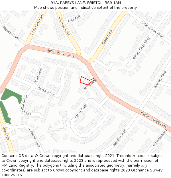 91A, PARRYS LANE, BRISTOL, BS9 1AN: Location map and indicative extent of plot
