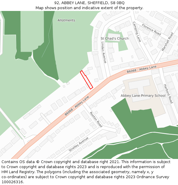 92, ABBEY LANE, SHEFFIELD, S8 0BQ: Location map and indicative extent of plot