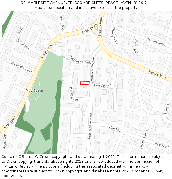 92, AMBLESIDE AVENUE, TELSCOMBE CLIFFS, PEACEHAVEN, BN10 7LH: Location map and indicative extent of plot