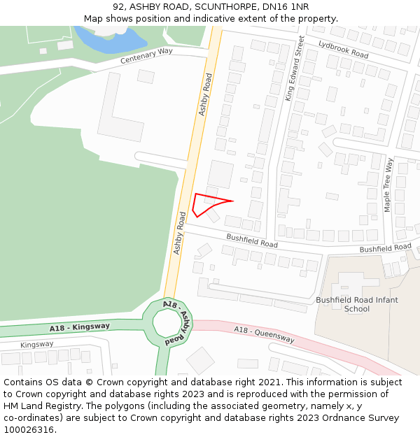 92, ASHBY ROAD, SCUNTHORPE, DN16 1NR: Location map and indicative extent of plot