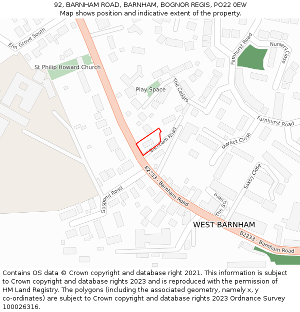 92, BARNHAM ROAD, BARNHAM, BOGNOR REGIS, PO22 0EW: Location map and indicative extent of plot