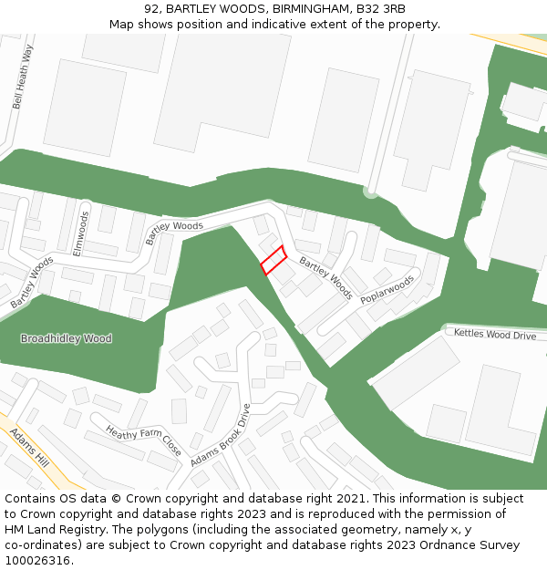 92, BARTLEY WOODS, BIRMINGHAM, B32 3RB: Location map and indicative extent of plot