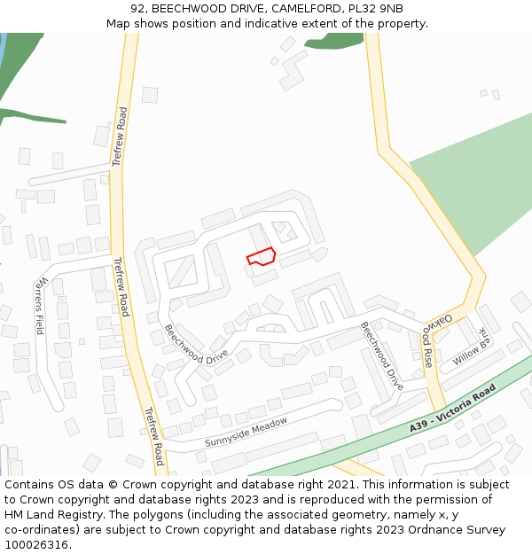 92, BEECHWOOD DRIVE, CAMELFORD, PL32 9NB: Location map and indicative extent of plot