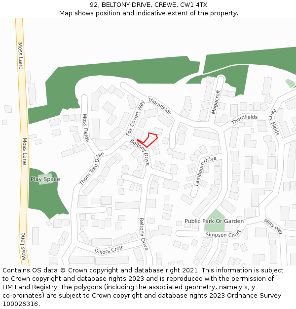 92, BELTONY DRIVE, CREWE, CW1 4TX: Location map and indicative extent of plot