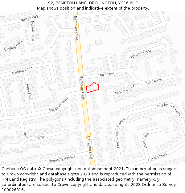 92, BEMPTON LANE, BRIDLINGTON, YO16 6HE: Location map and indicative extent of plot