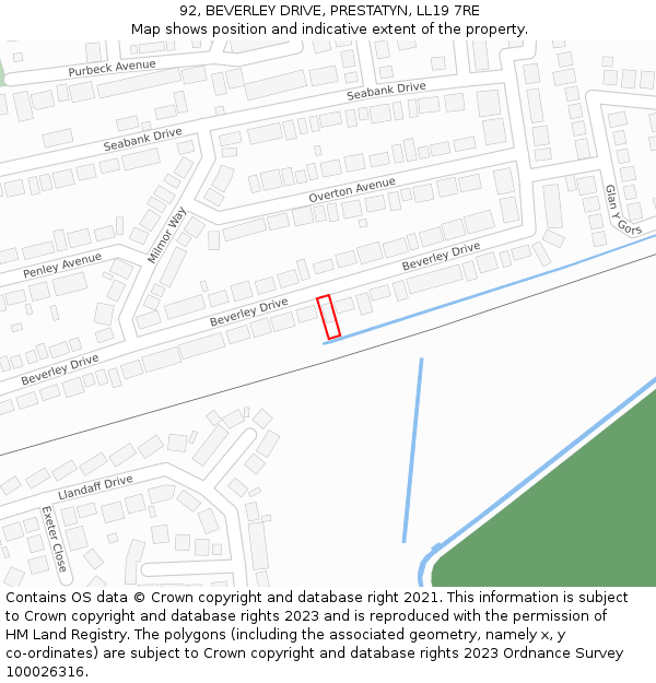 92, BEVERLEY DRIVE, PRESTATYN, LL19 7RE: Location map and indicative extent of plot