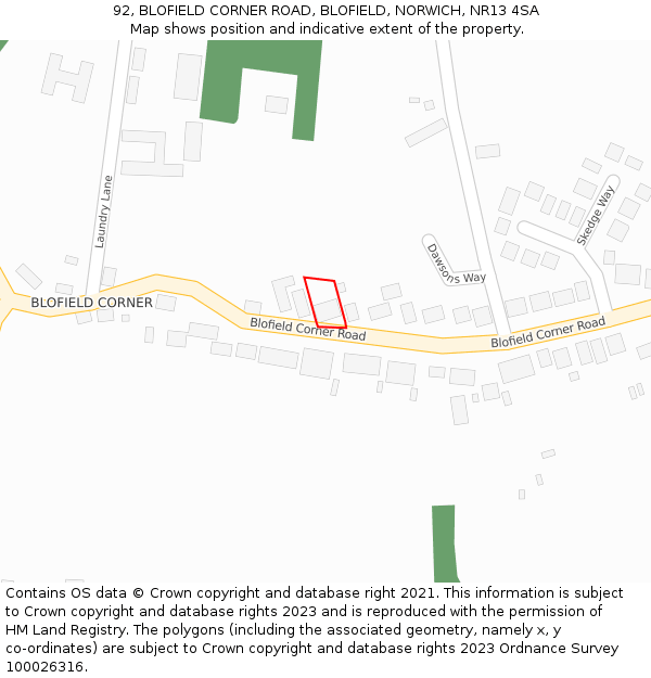 92, BLOFIELD CORNER ROAD, BLOFIELD, NORWICH, NR13 4SA: Location map and indicative extent of plot