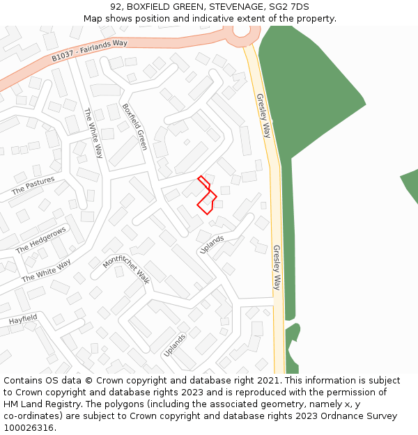 92, BOXFIELD GREEN, STEVENAGE, SG2 7DS: Location map and indicative extent of plot