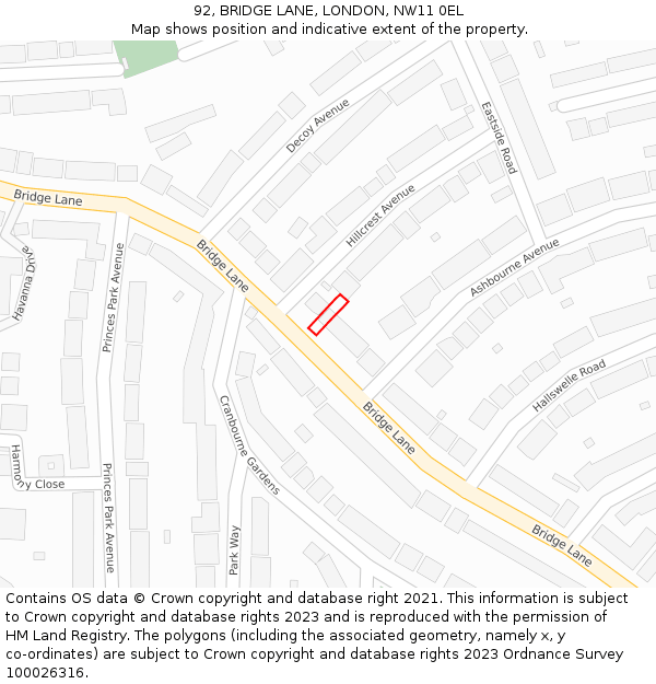 92, BRIDGE LANE, LONDON, NW11 0EL: Location map and indicative extent of plot