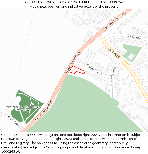 92, BRISTOL ROAD, FRAMPTON COTTERELL, BRISTOL, BS36 2AY: Location map and indicative extent of plot