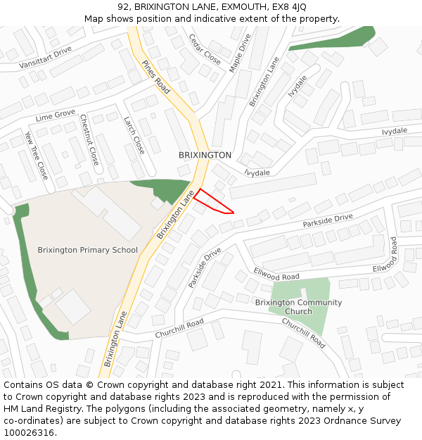 92, BRIXINGTON LANE, EXMOUTH, EX8 4JQ: Location map and indicative extent of plot