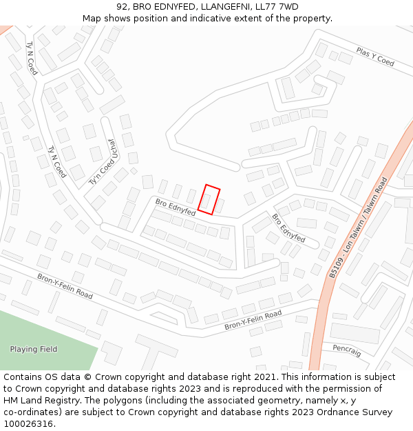 92, BRO EDNYFED, LLANGEFNI, LL77 7WD: Location map and indicative extent of plot