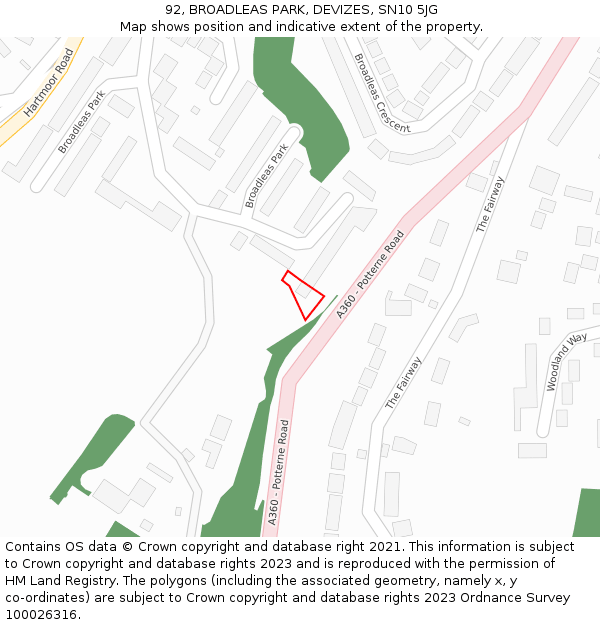 92, BROADLEAS PARK, DEVIZES, SN10 5JG: Location map and indicative extent of plot