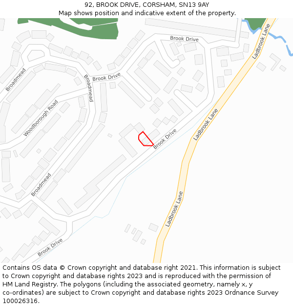 92, BROOK DRIVE, CORSHAM, SN13 9AY: Location map and indicative extent of plot
