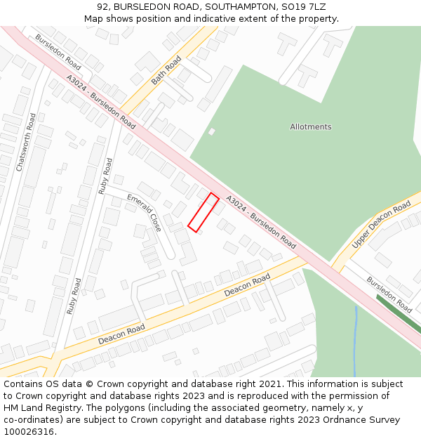 92, BURSLEDON ROAD, SOUTHAMPTON, SO19 7LZ: Location map and indicative extent of plot