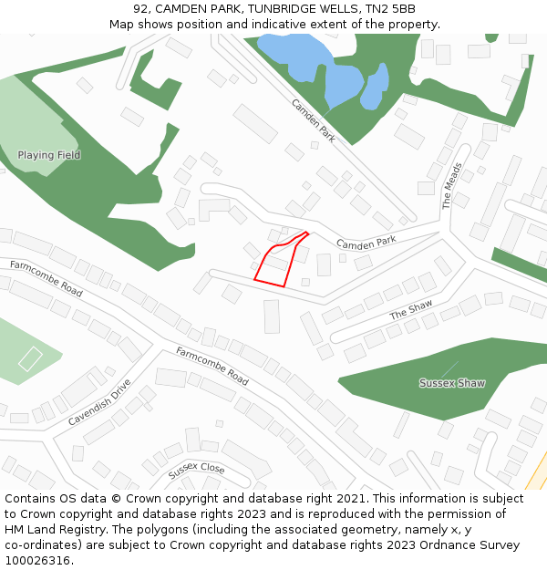 92, CAMDEN PARK, TUNBRIDGE WELLS, TN2 5BB: Location map and indicative extent of plot